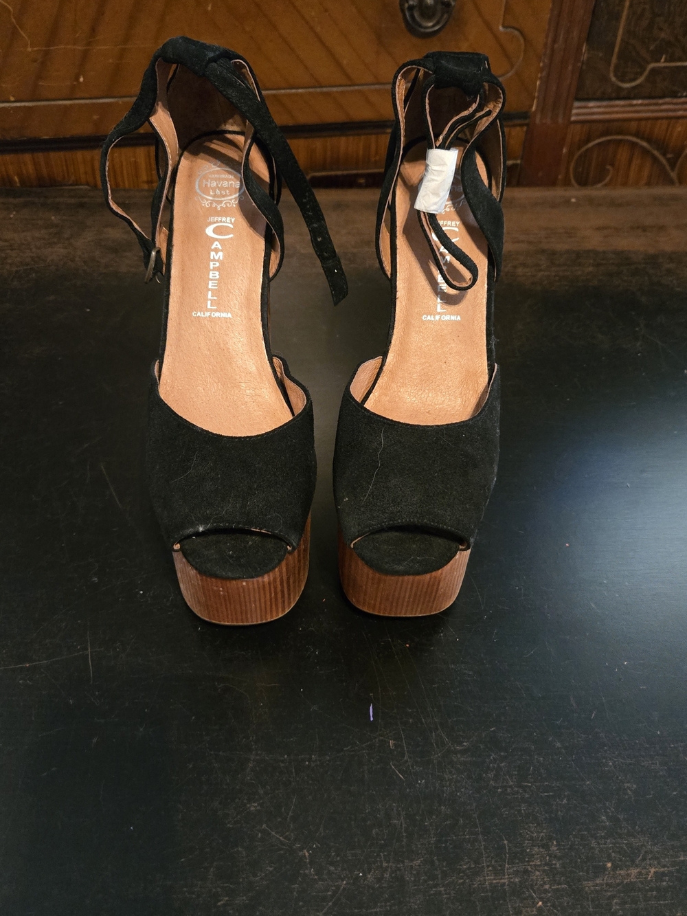Jeffery Campbell Black Suede Platform Sandals with Wood Invisible Wedge Size 9 - Picture 2 of 7